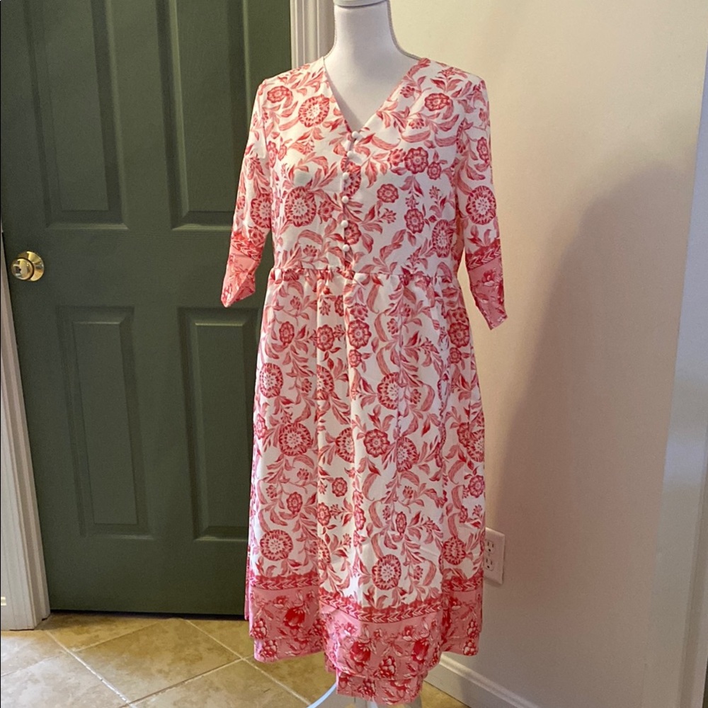 Pink and Orange Midi Sundress with V-Neck and 3/4 Sleeves